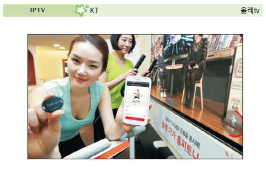 '올레 기가 홈피트니스'는 초소형 웨어러블센서-스마트폰-IPTV를 연동한 서비스로, 선호하는 방송 프로그램을 보면서 TV화면에 표시되는 운동시간, 거리, 속도, 소모 칼로리 등을 확인할 수 있다. 회사 모델이 '올레 기가 홈피트니스'를 시연하고 있다.  KT 제공